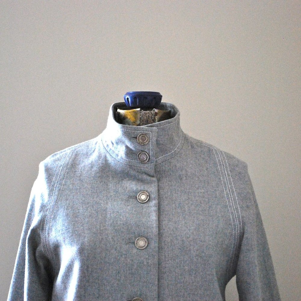 Collarless Grey Wool Button-down Coat